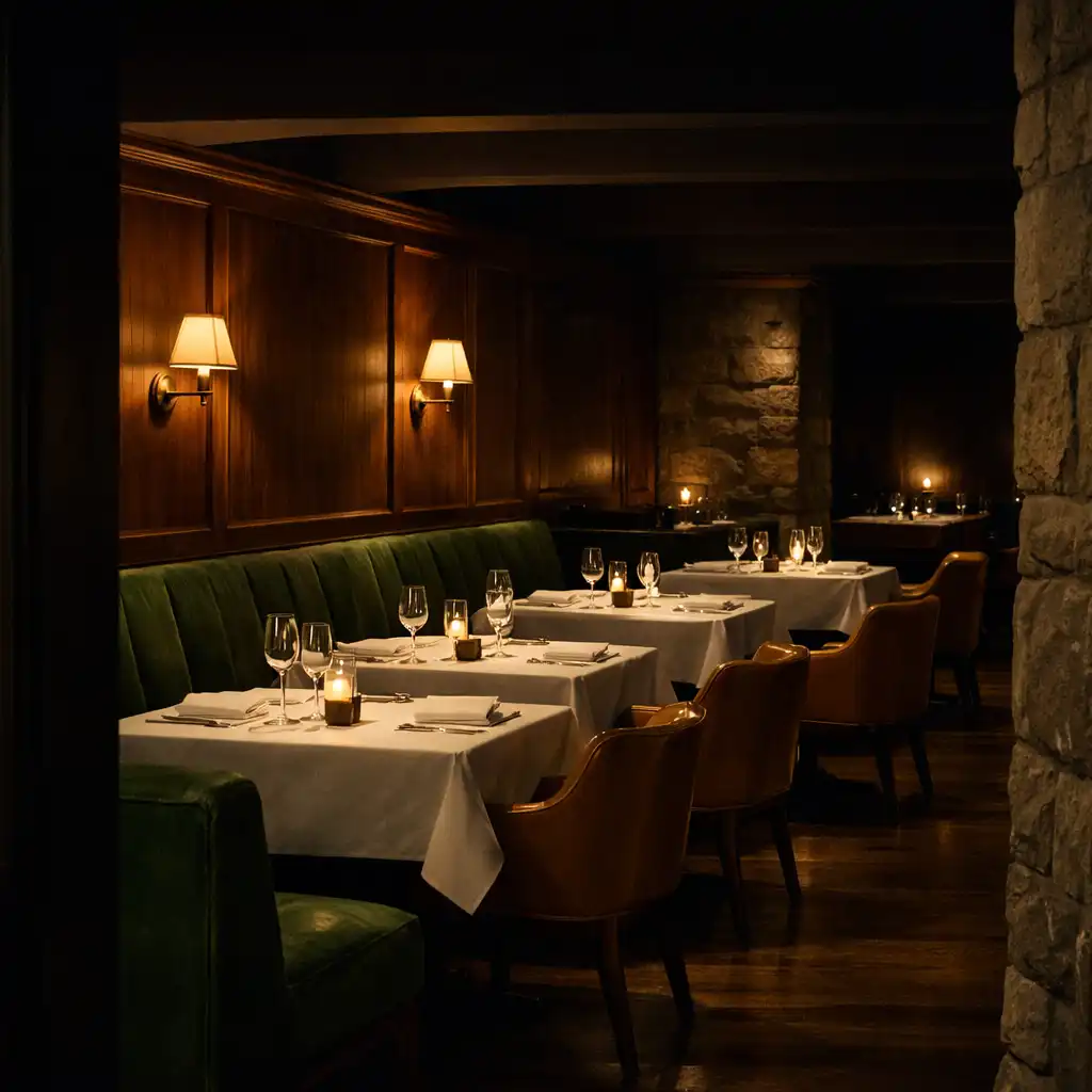Lamp-lit restaurant salon with forest-green seating, walnut timber and leather chairs