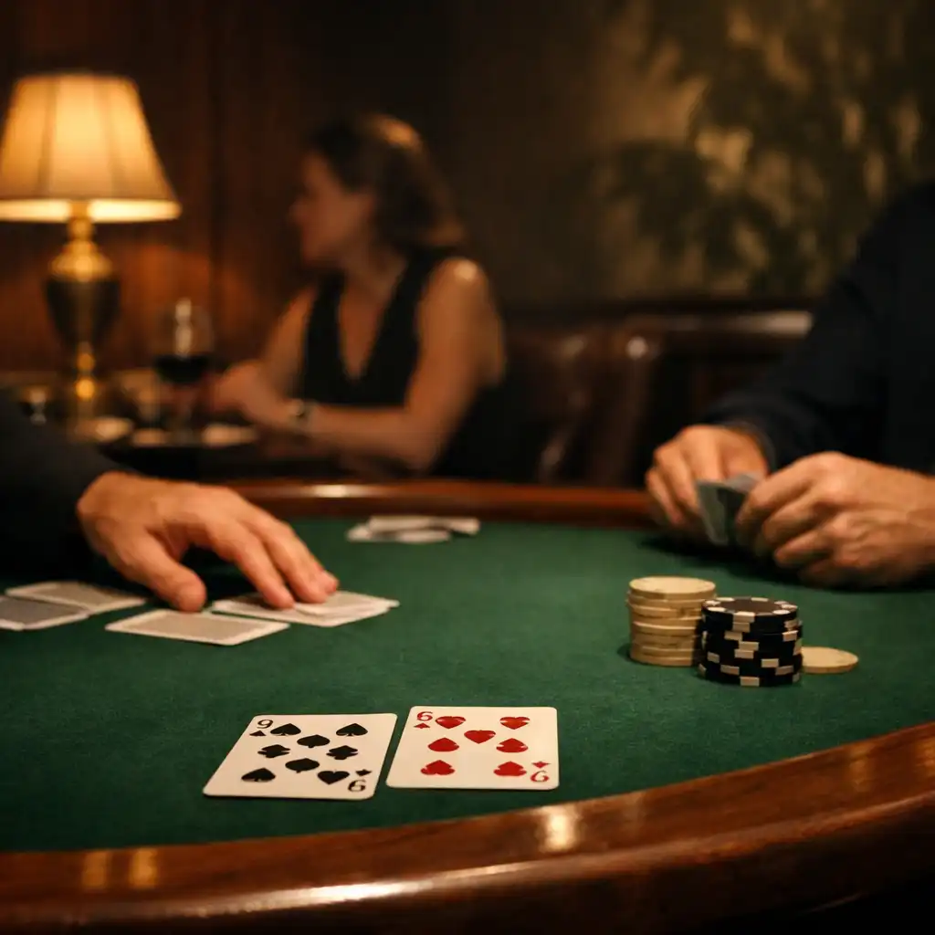 Hands arranging playing cards and neutral chips on a deep green felt poker table