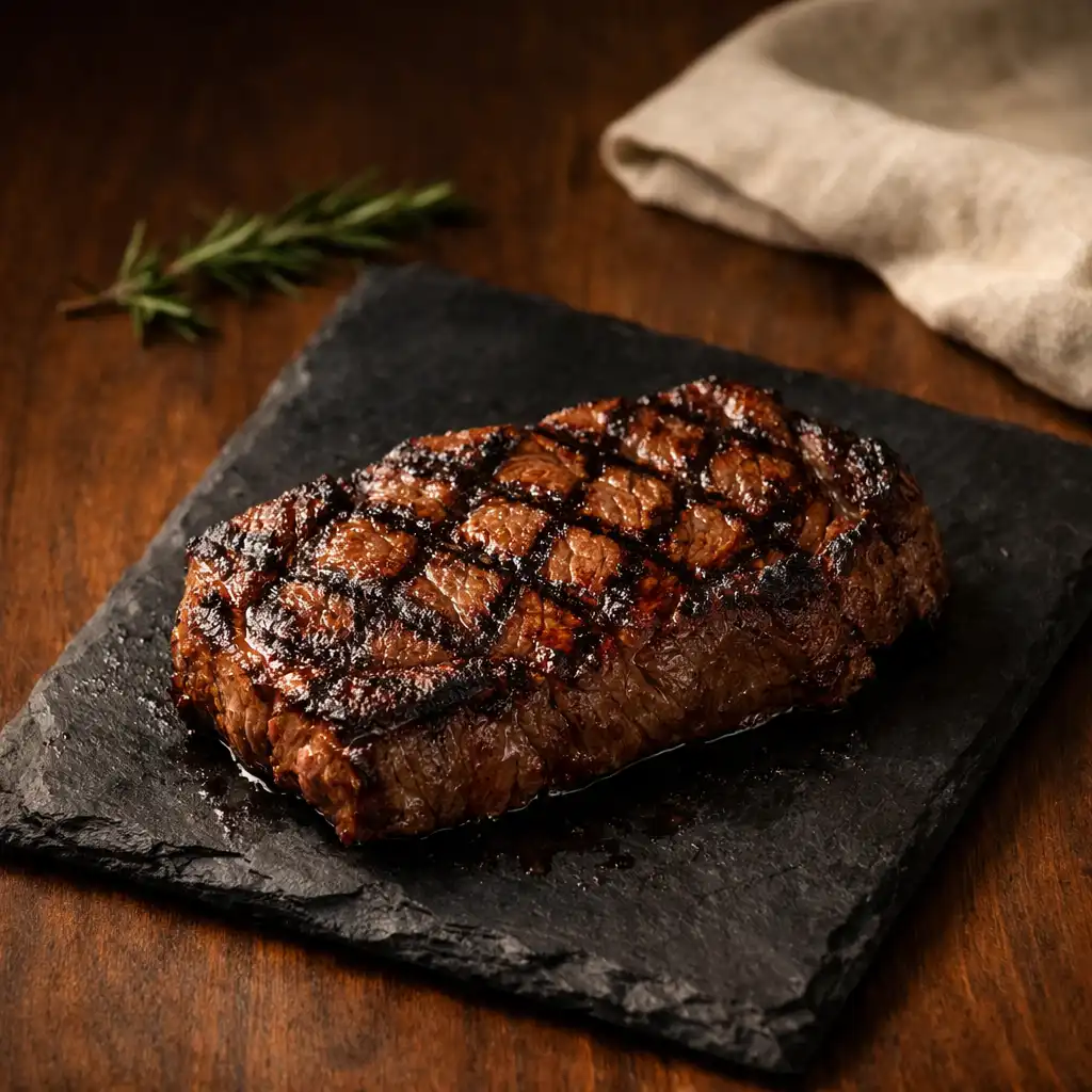 A grilled steak on a dark stone plate atop a walnut restaurant table