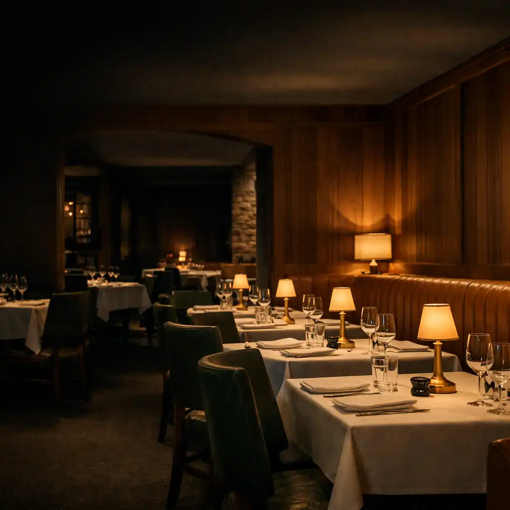 Bluff And Hearth dining room after dusk with walnut surfaces, leather seating and warm lamps
