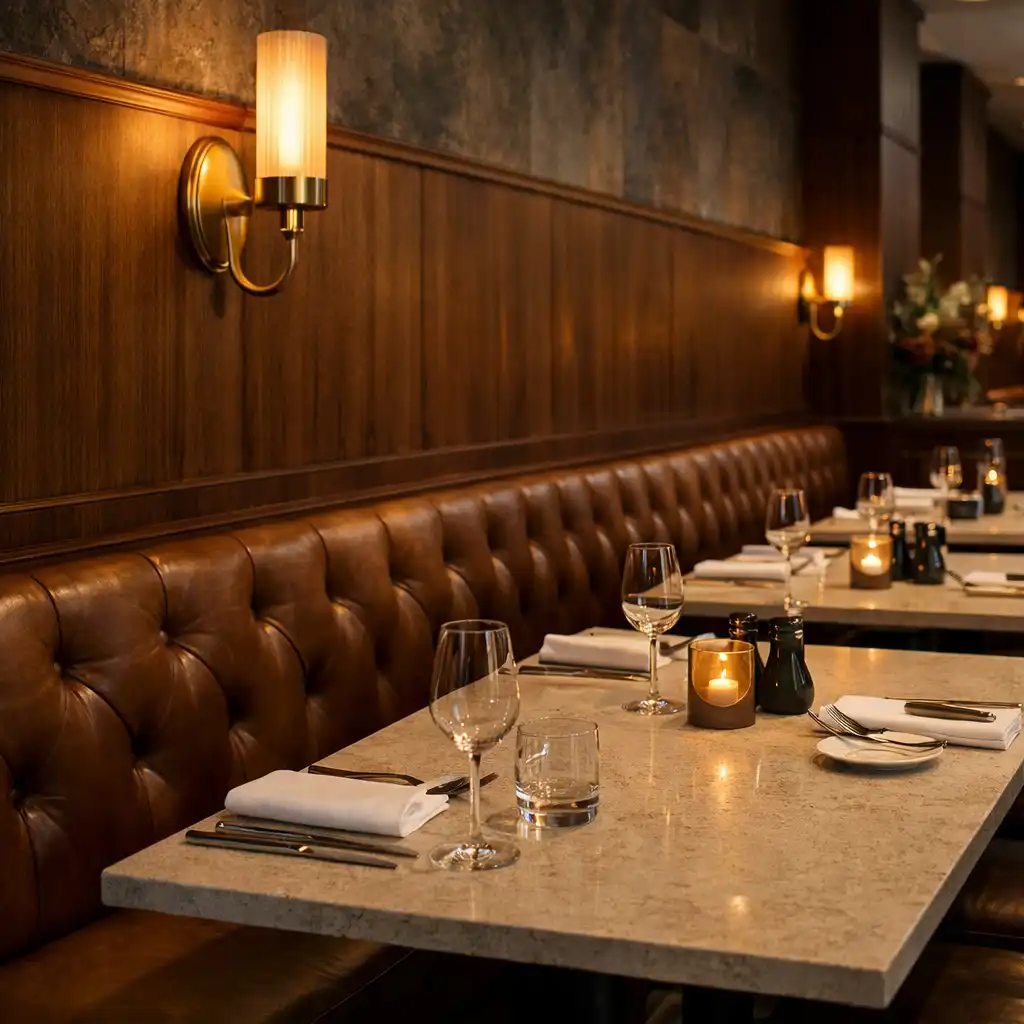 Leather banquette, pale stone tabletop and brass lamp inside the restaurant
