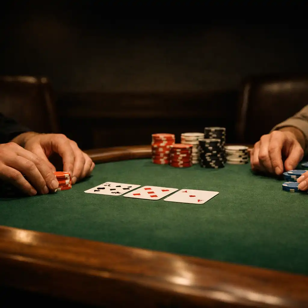 Hands arranging cards and plain entertainment chips on a green felt poker table under lamplight
