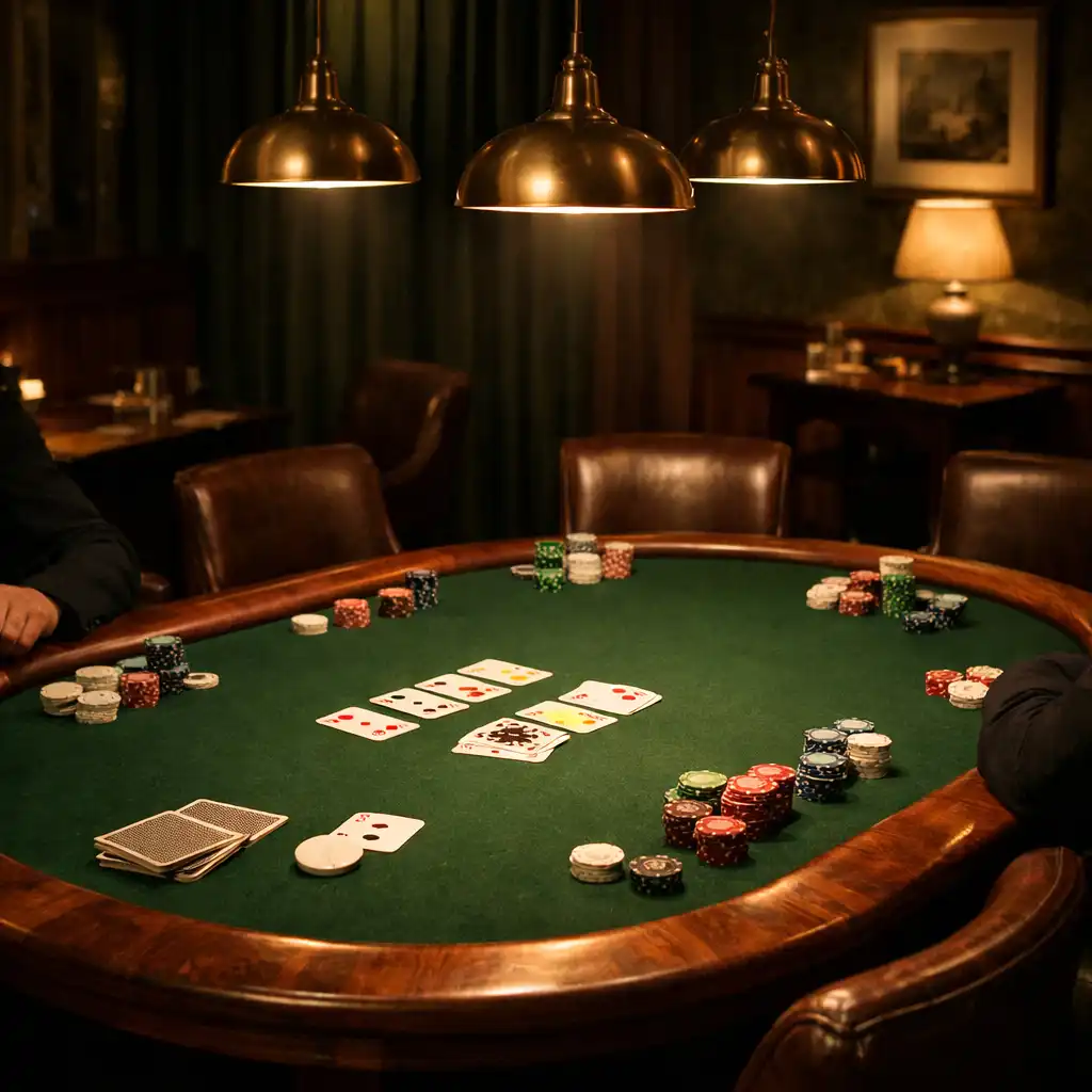 Physical Poker Lounge with green felt table, walnut edge, leather chairs and brass lamps