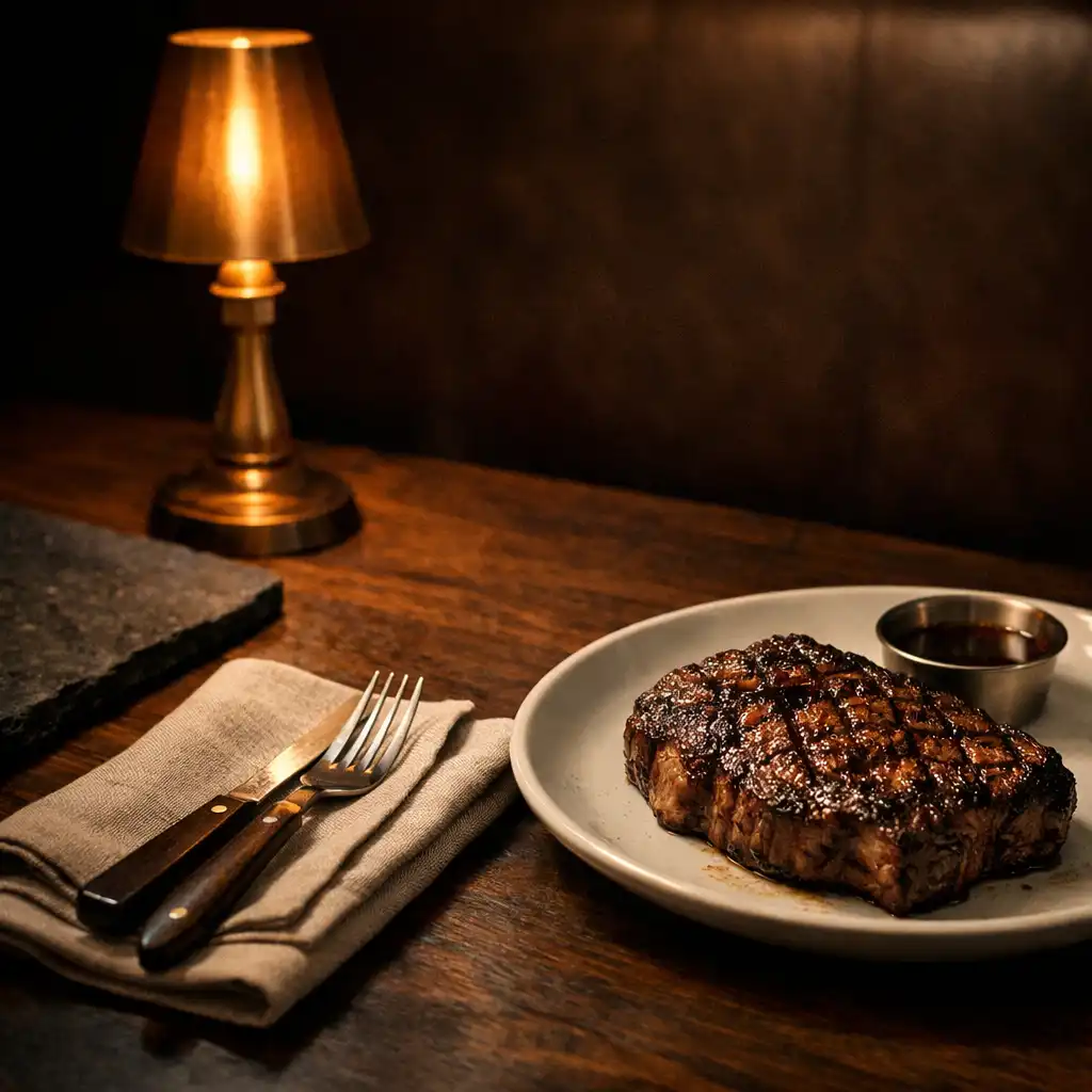 Grilled steak detail on a stone and walnut table under warm lamp light