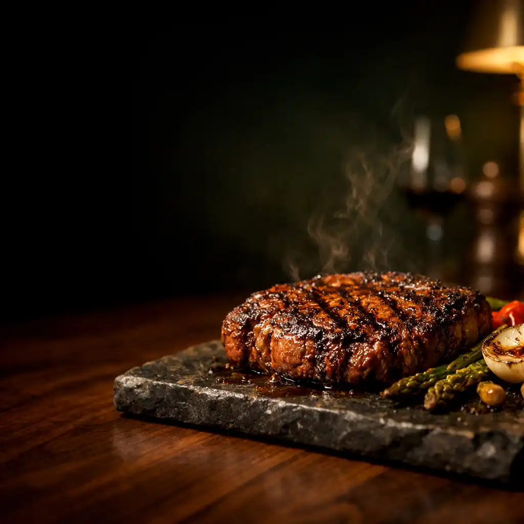 Grilled steak on a dark stone plate in warm evening light