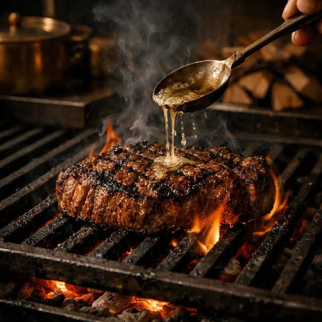 Flame-grilled steak near glowing embers at an open hearth