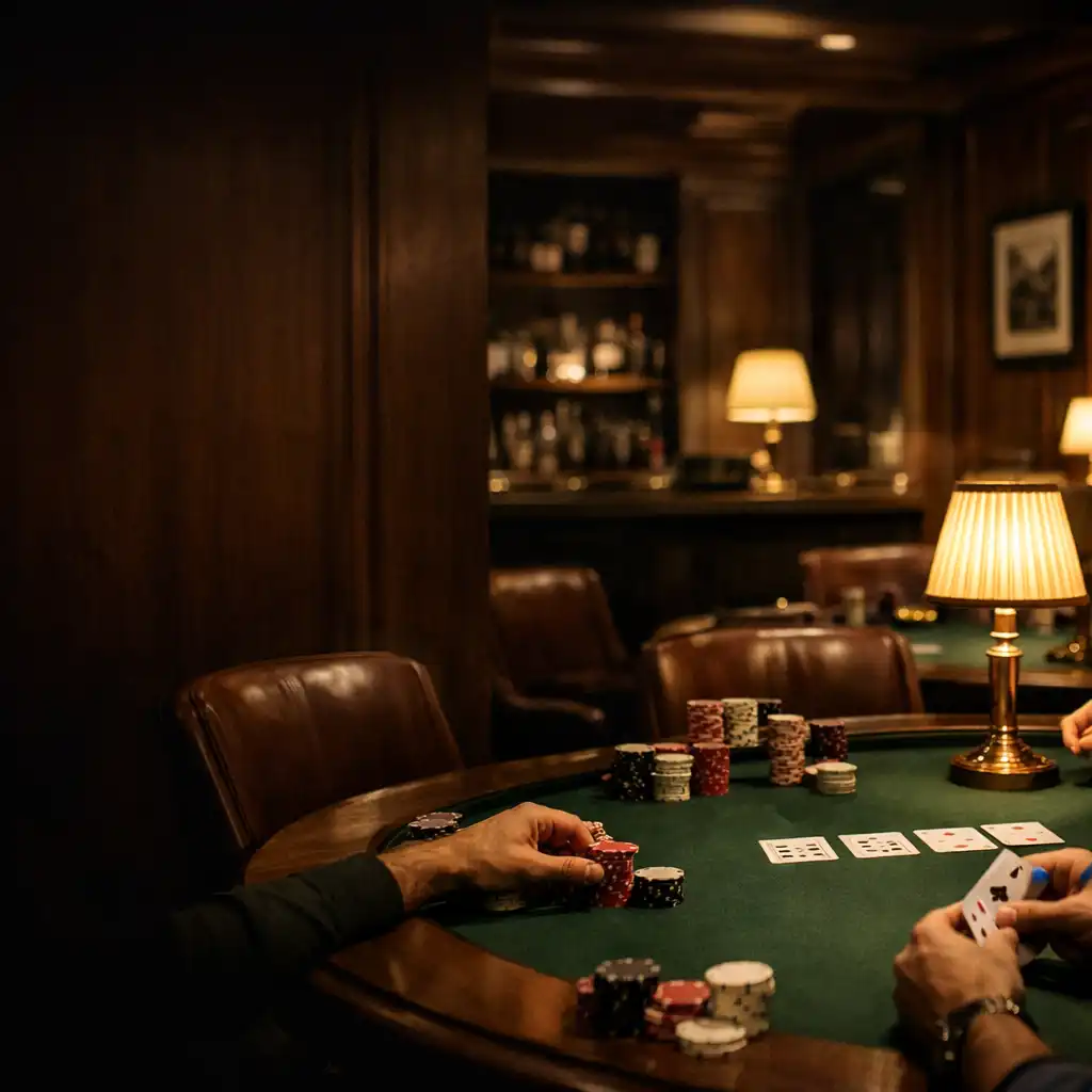 Warmly lit physical poker lounge with green felt tables, leather chairs and poker chips