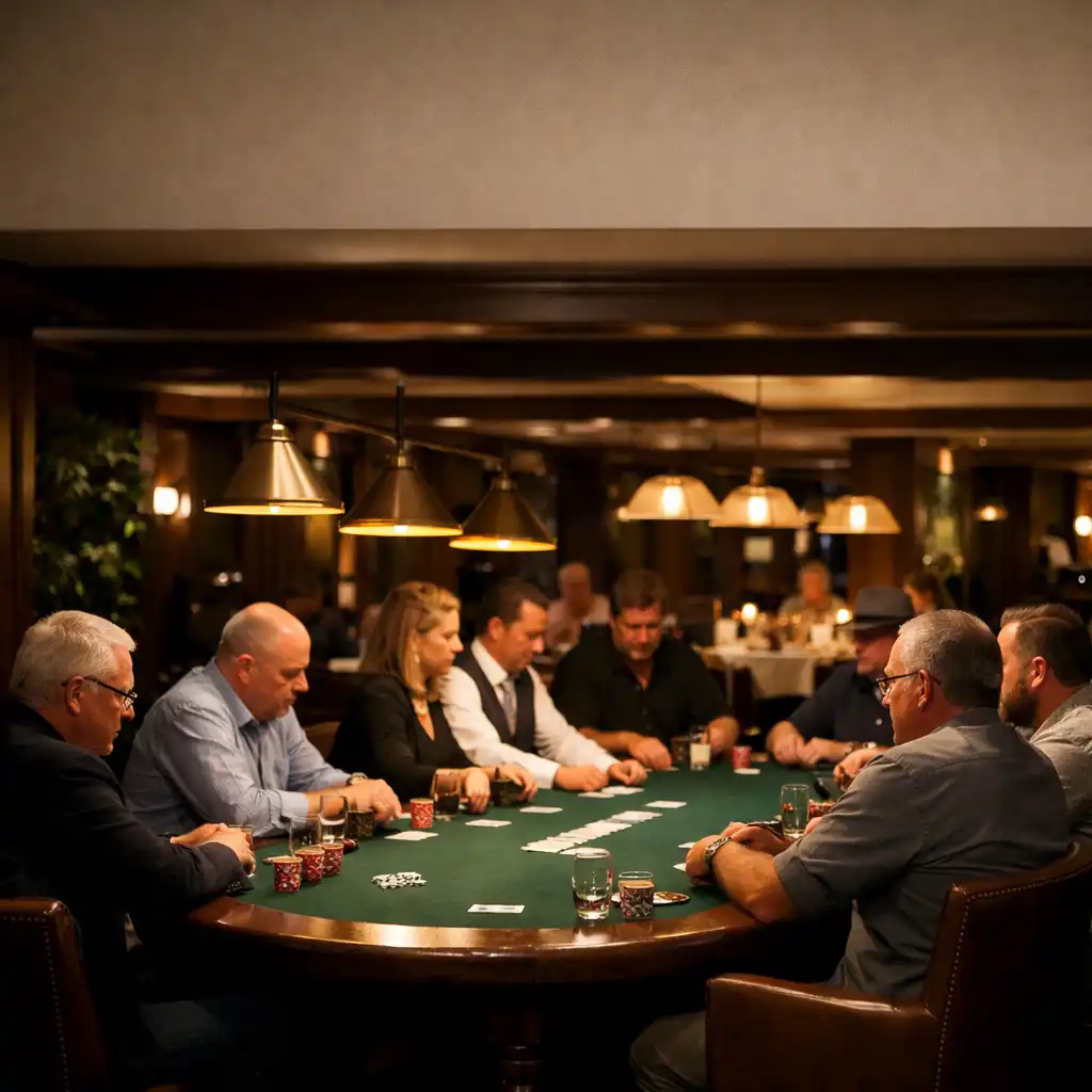 Guests gathered around a green-felt poker table beneath warm brass lamps