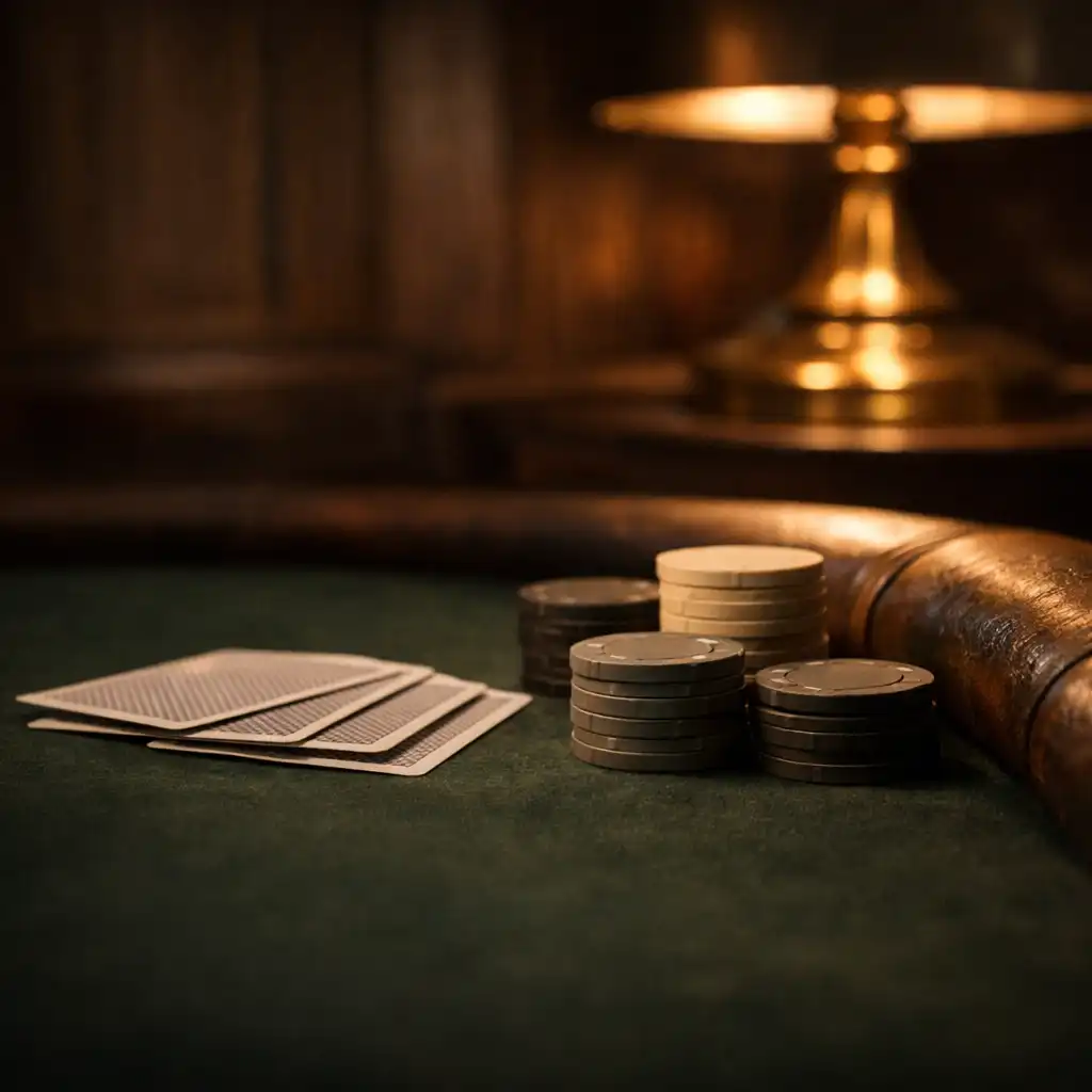 Face-down cards and neutral chips resting on a deep forest felt poker table