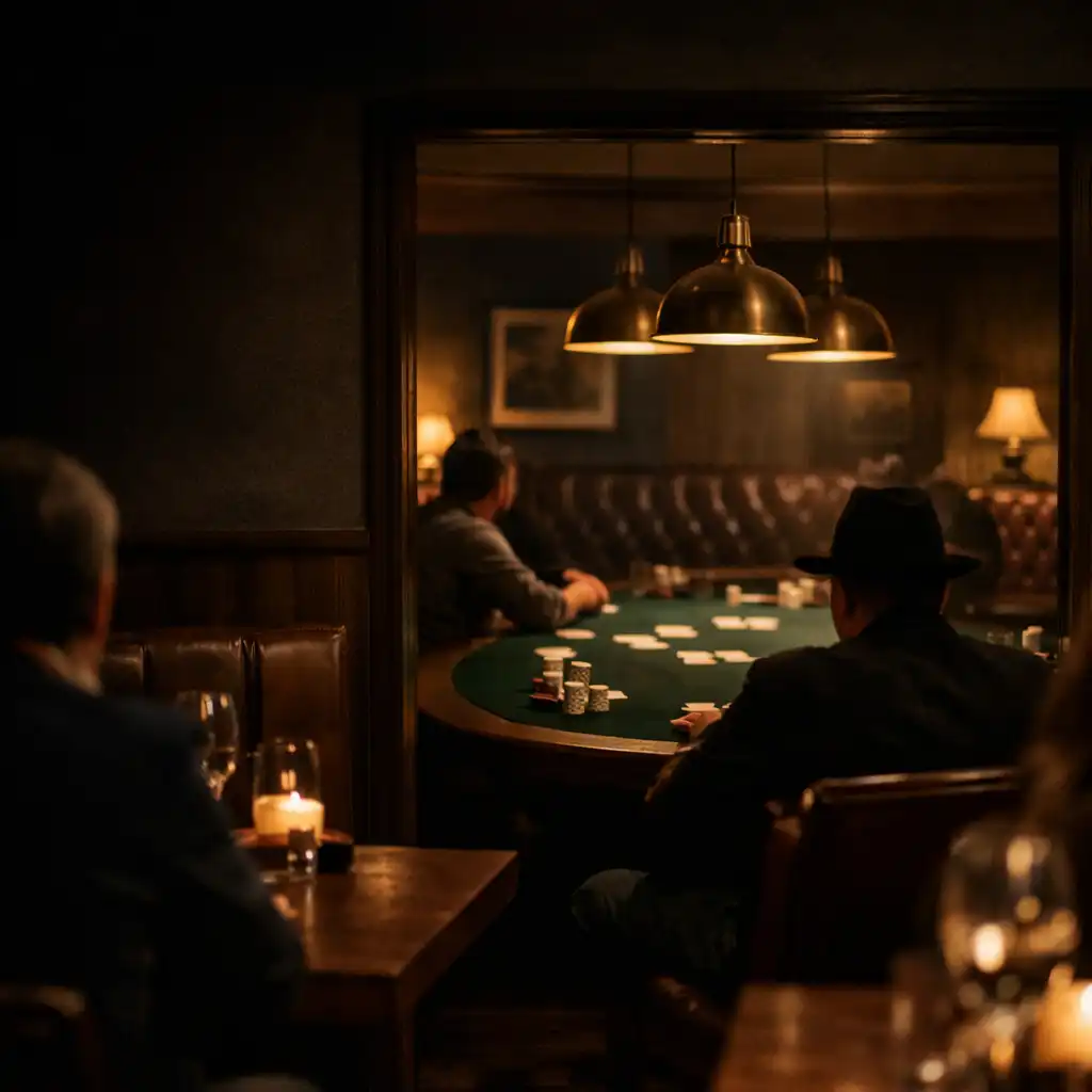 Warmly lit restaurant Card Room with a green felt poker table and brass lamps
