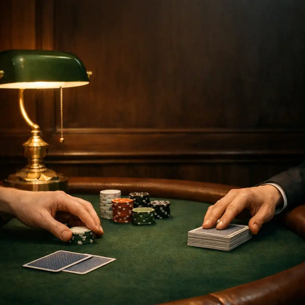 Hands arranging plain chips and face-down cards on a forest-green felt poker table