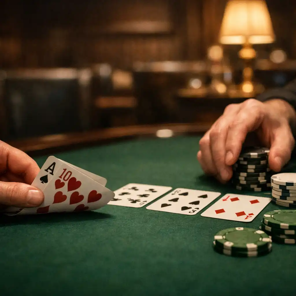 Hands arranging playing cards and plain chips on a green felt poker table