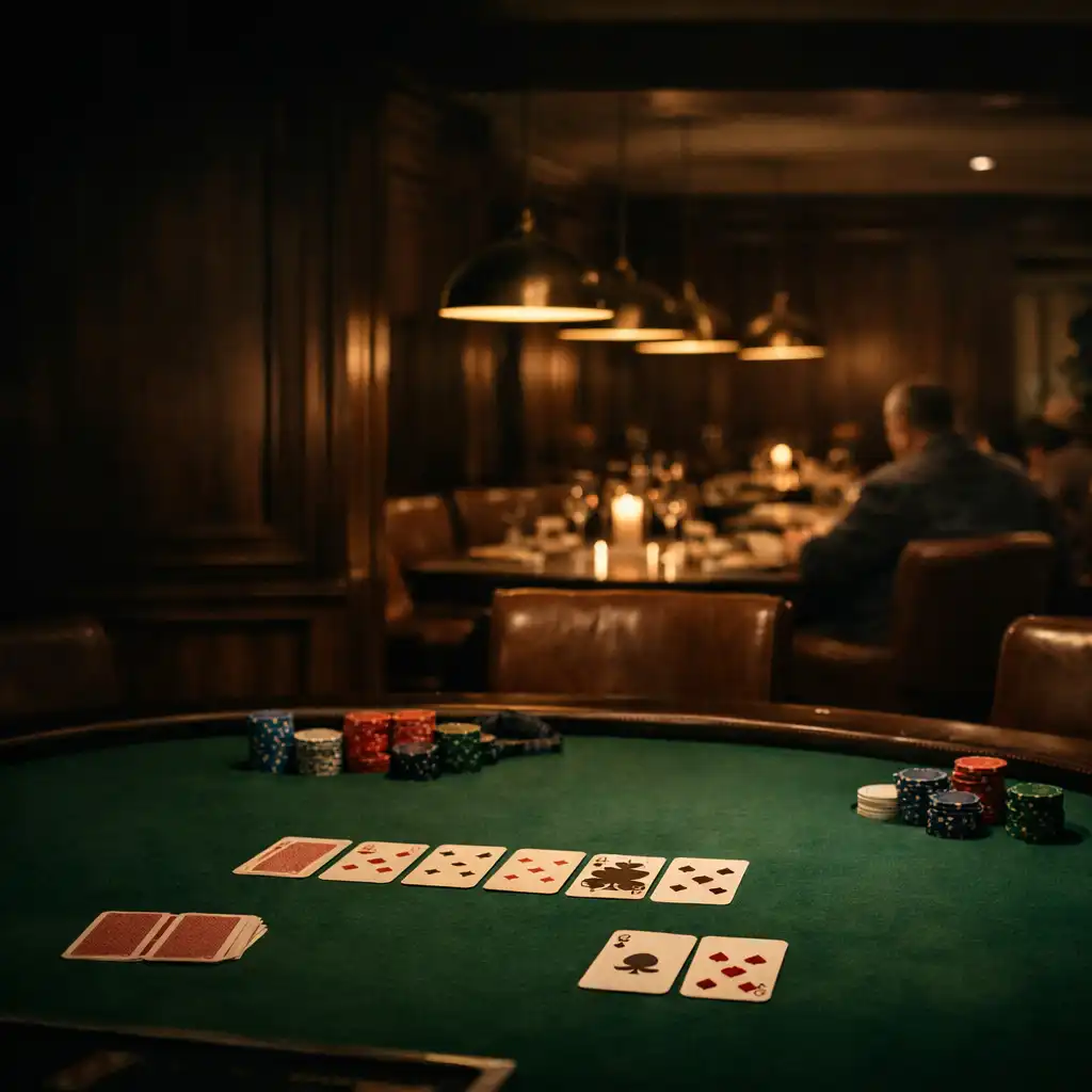 Warmly lit green felt poker table in the Bluff And Hearth Card Room