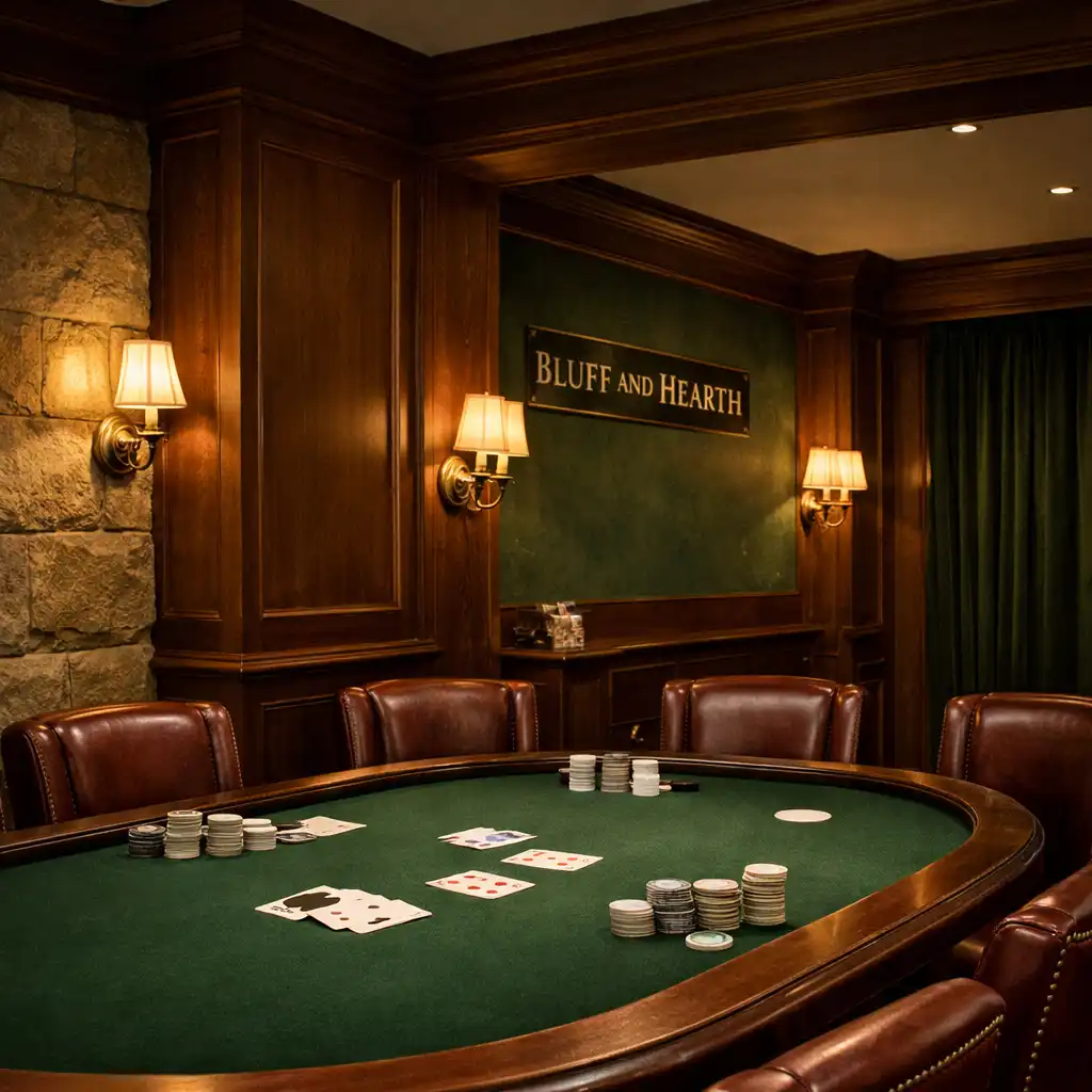 Interior of the Bluff And Hearth Card Room with green felt table, leather chairs and brass lamps