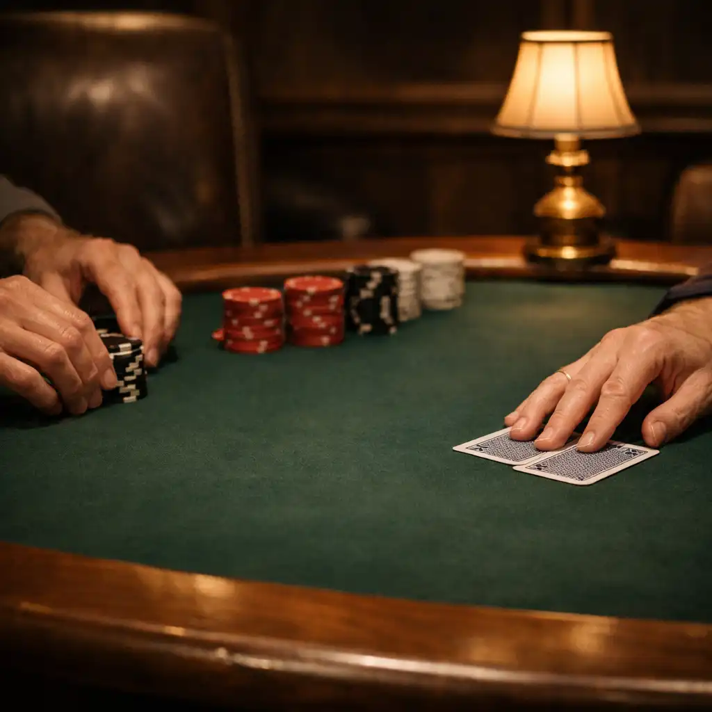 Hands arranging plain poker chips and face-down cards on a forest felt table