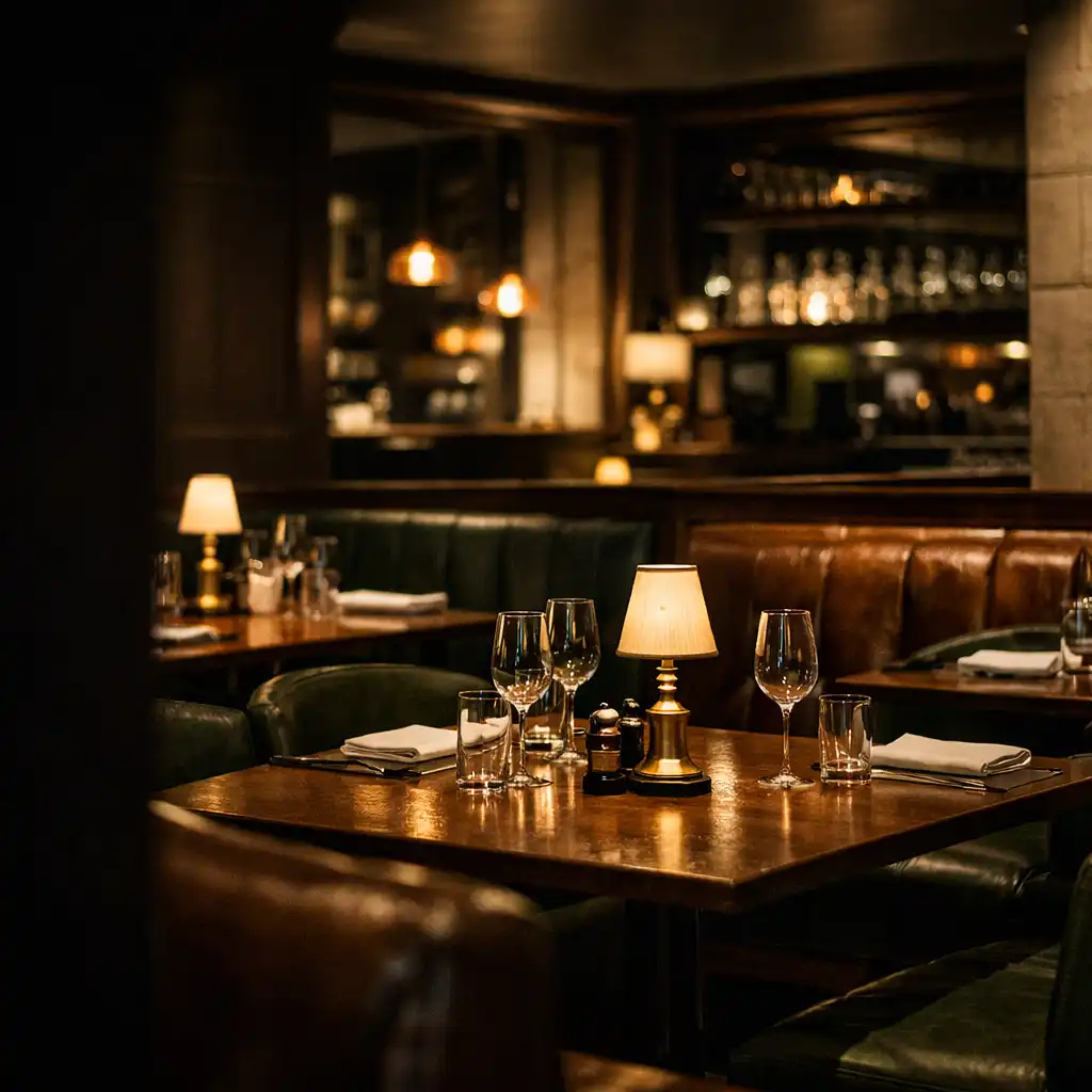 Warmly lit walnut tables and forest-green seating in the Bluff And Hearth dining room