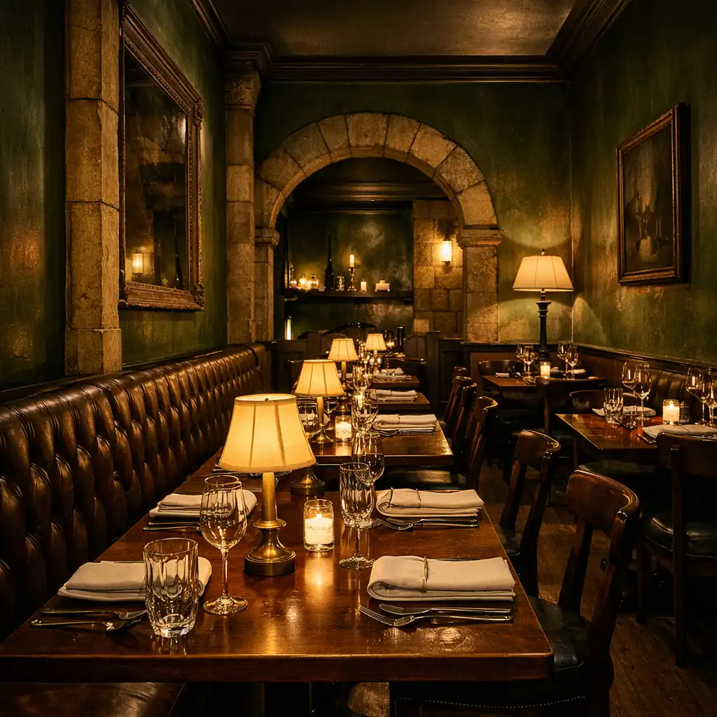 Leather banquette and warmly lit walnut tables in the evening dining room