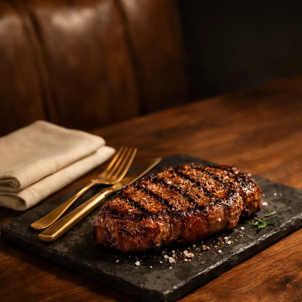 Steakhouse dining detail on a dark stone plate and walnut table
