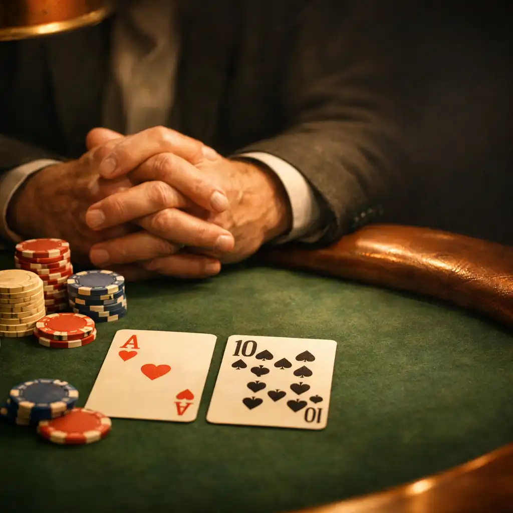 Adult hands near physical Texas Hold’em cards and chips on a green felt table