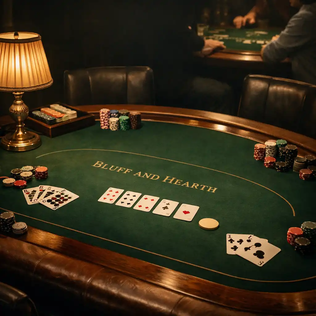 Physical playing cards and entertainment chips arranged on a forest-green felt table in the Poker Lounge