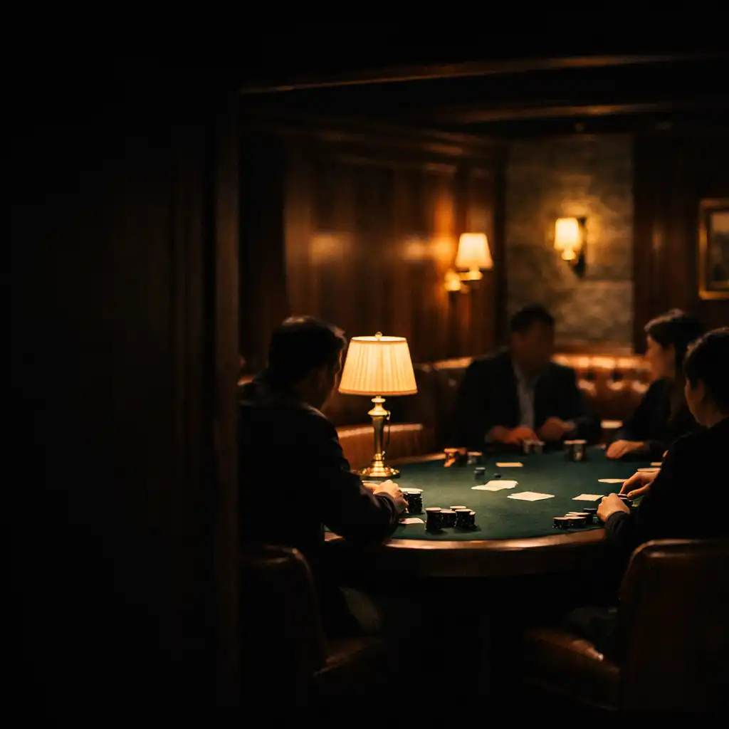 Warmly lit Poker Lounge with a forest-green felt table, walnut details and indistinct guests gathered in person